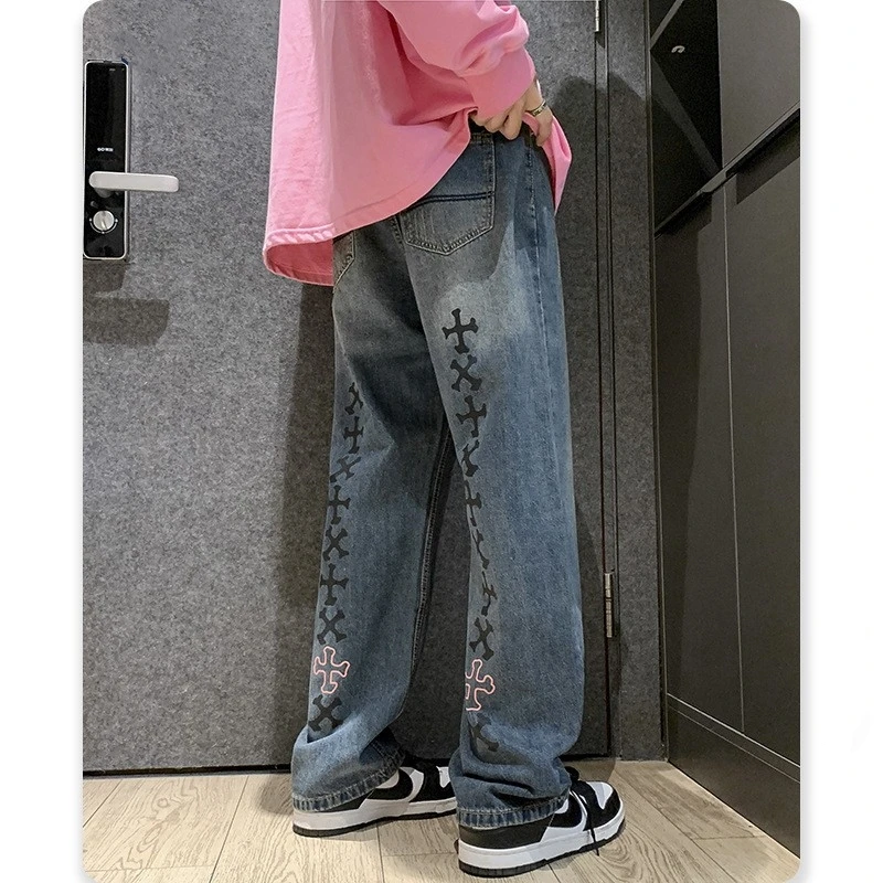 

American Faion Brand Men's And Women's Wide Leg Jeans Cross Print Youthful Straight Cut Casual Cotton Blend Trousers