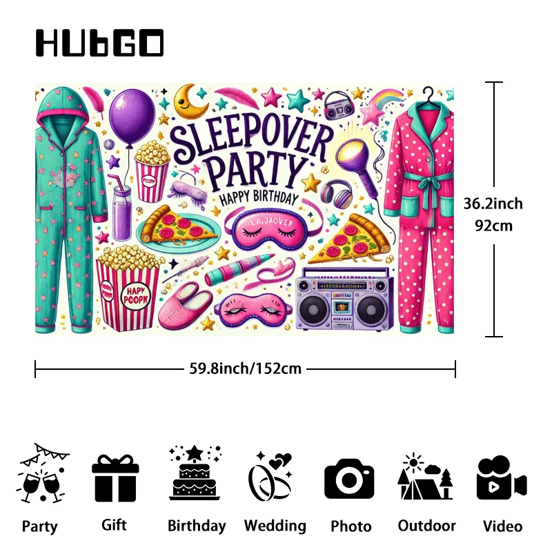 Vibrant Sleepover Party Backdrop with Pajamas & Fun Icons - Durable Polyester, High-Definition Design for Studio & Event Decor