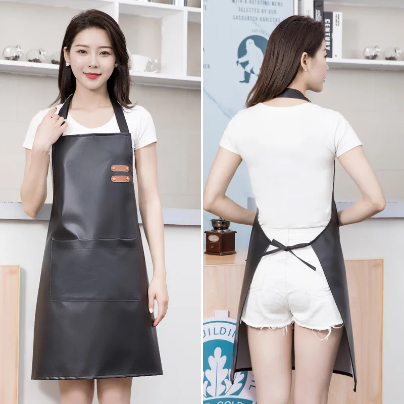 PU Leather Waterproof and Oil Resistant Apron Kitchen Workwear Home Cooking Cleaning Unisex Sleeveless Apron Adjustable