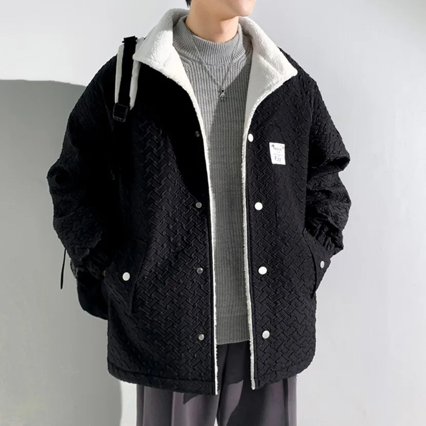 

Lamb Fur Jaet Men's Winter Thiened Fce Cotton Coat High-End Feel Embroidered Cotton Padded Trendy Youth Casual Coat