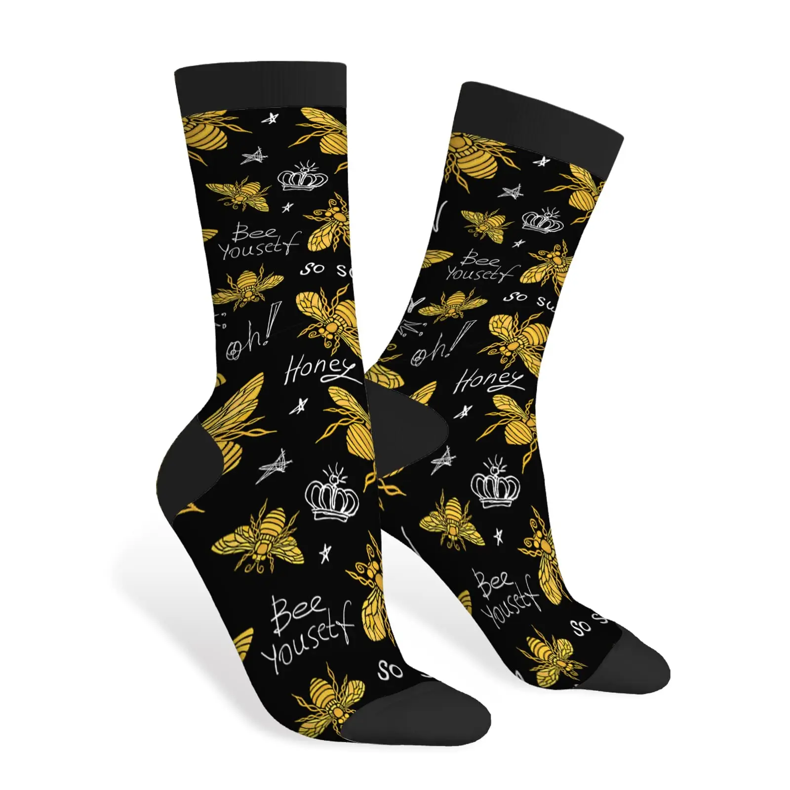 Honey Bee Funny Socks Golden Wings Insect And Queen Crown Black Fashion Style Casual Crew Socks Color Design For Women Men Gift