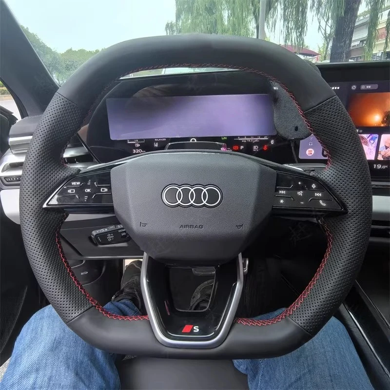 For Audi E-tron RS GT Q5 2024 2025 2026 Hand-Stitched Non-Slip black genuine Leather Suede Car Steering Wheel Cover