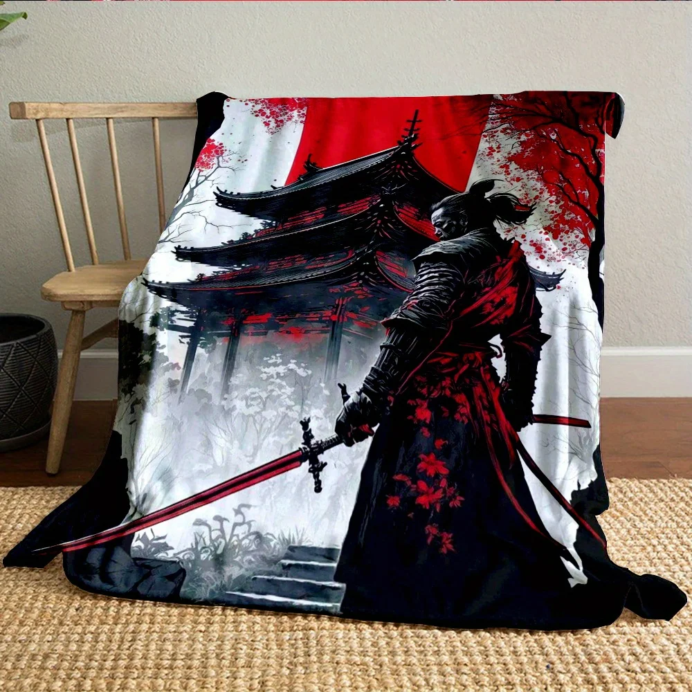 Samurai Anime Warrior Throw Blanket Oriental Asian Manga Microfiber Fleece Couch Cover Gift Decor Gift for Men Boys Girls Room