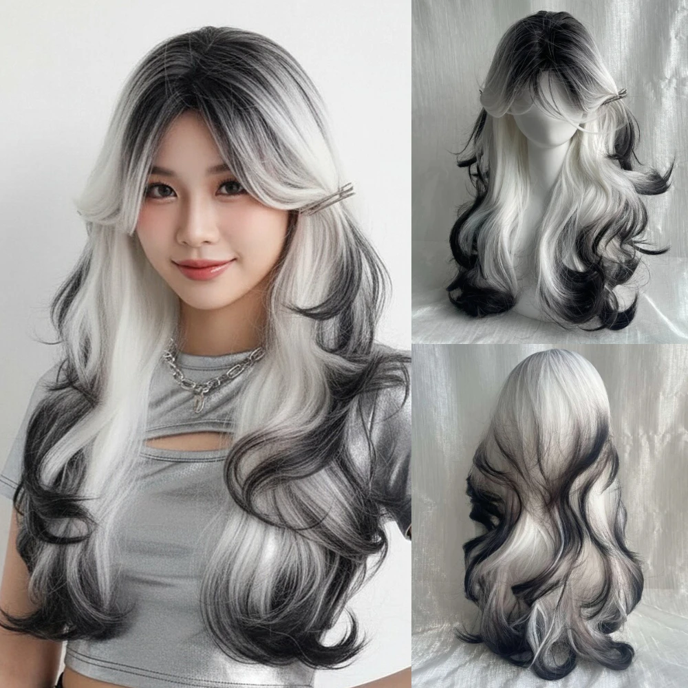 

Women’s Long Fluffy Wavy White And Black Wig Heat Resistant Synthetic Hair for Daily Wear