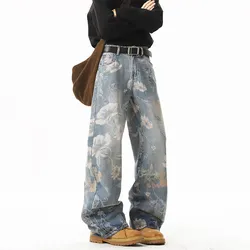2025 NEW JEANS American hip-hop men and women trendy retro floral print straight leg jeans couples loose wide leg casual pants