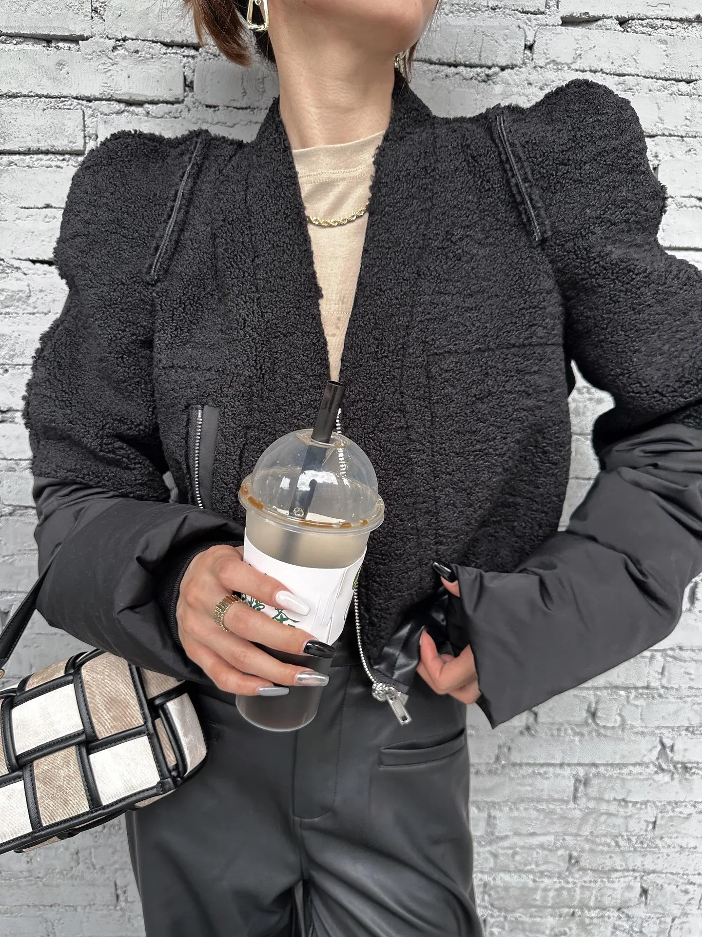 Owens Greatcoat Women Streetwear Patchwork Teddy Fleece Jacket High Street Zip Short Turtleneck Coat Motorcycle RO Overcoat