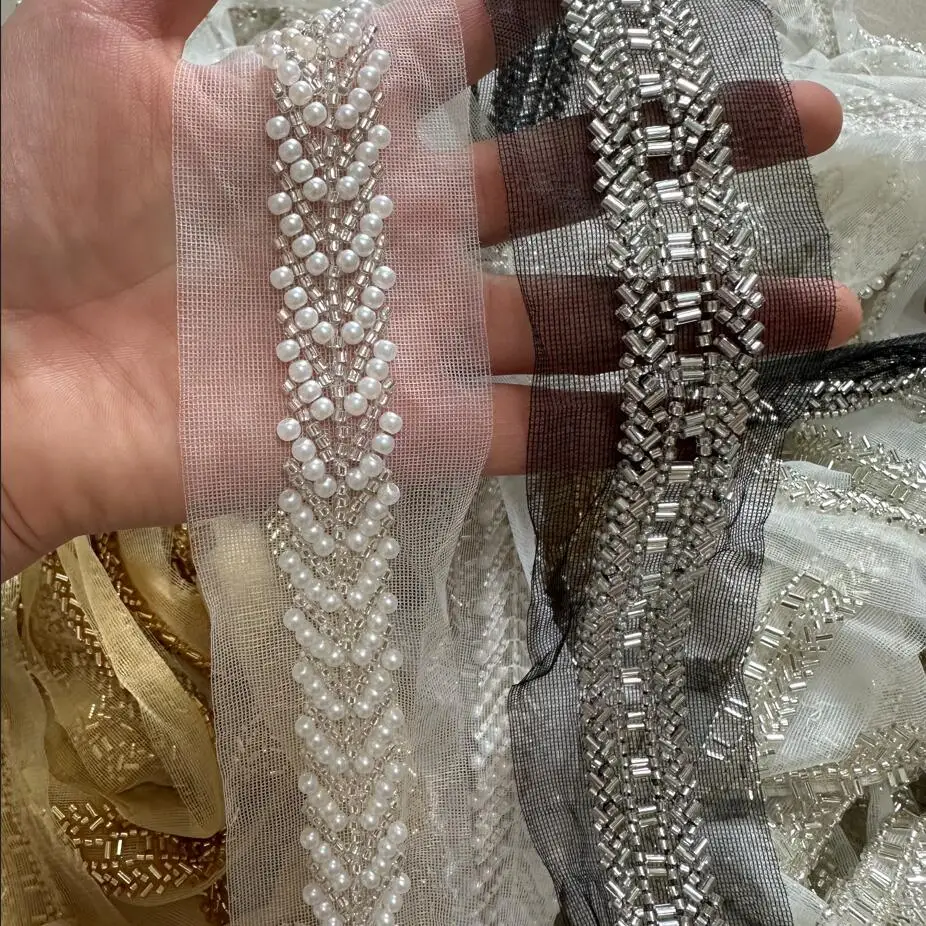 1Yard White Gold Pearl Beaded Lace Fabric Embroidered Lace Ribbon Trim Beaded Leaf Sewing Material Clothing Accessories Wedding