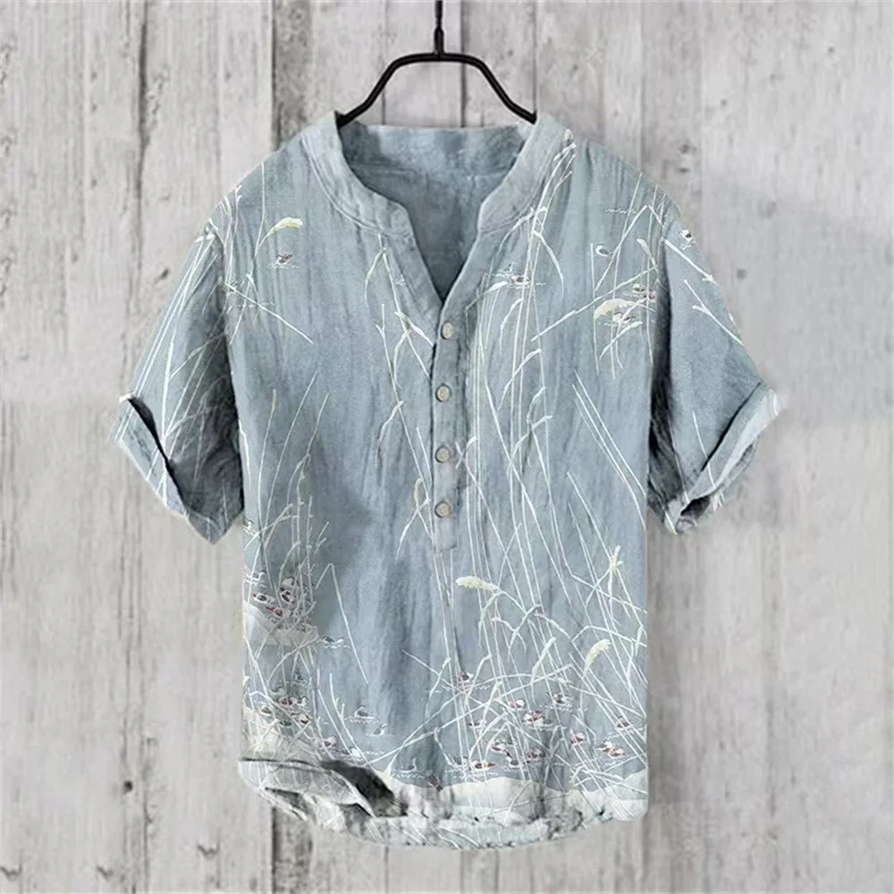New Men's V Neck Button Shirt Spring Summer Casual Design Short Sleeve Shirt Comfortable Linen Men's Tops 2025