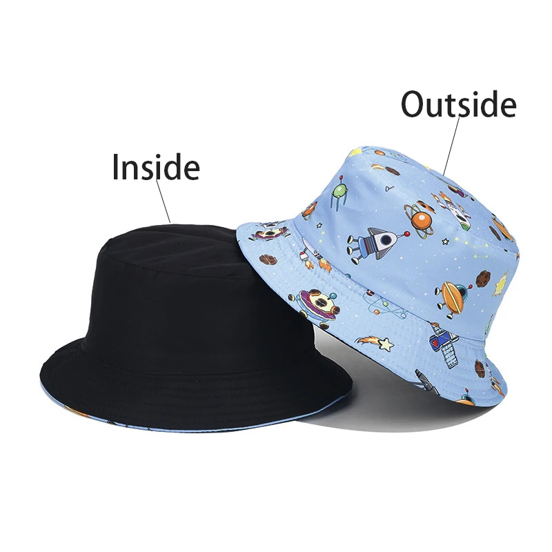 Bocca Children Bucket Hat Boy Girl Kid Panama Fisherman Hats 54cm Child Double Sides Reversible Cartoon Print Summer Bob Sun Cap