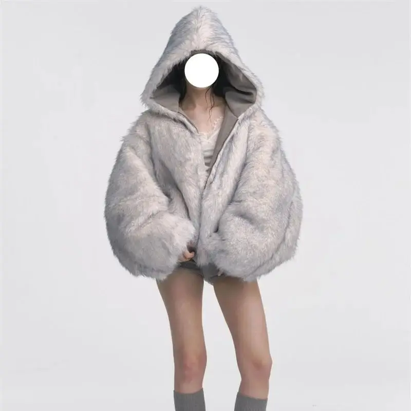 2025 Ｎnová dvojitá ledově modrá špičatá letecká bunda z umělé kožešiny, šetrná k životnímu prostředí, zateplenější s čepicí - náhled 6