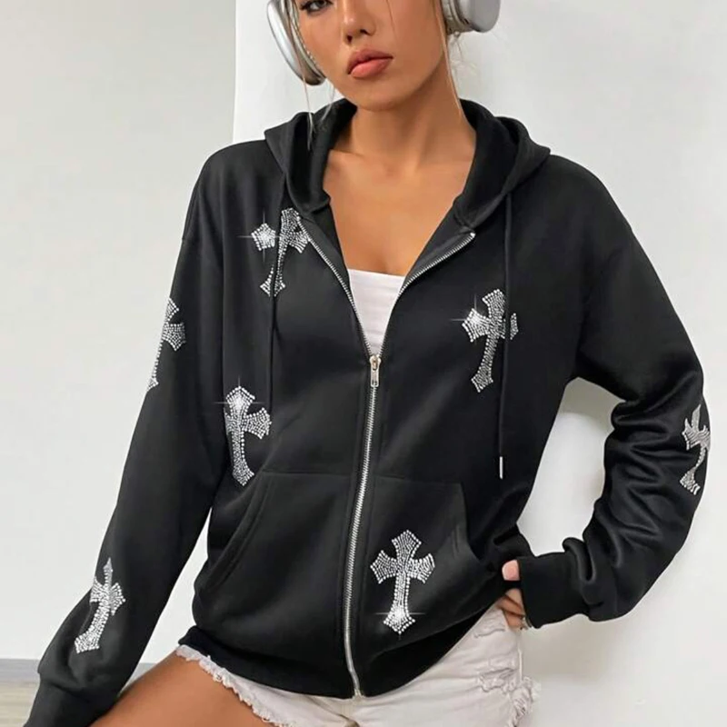 Hip Hop Rhinestone Sweatpants Suit Y2k Long Sleeve Zip Up Hoodies Punk Gothic Joggers Sweatshirts Suits Sport Jacket Streetwear