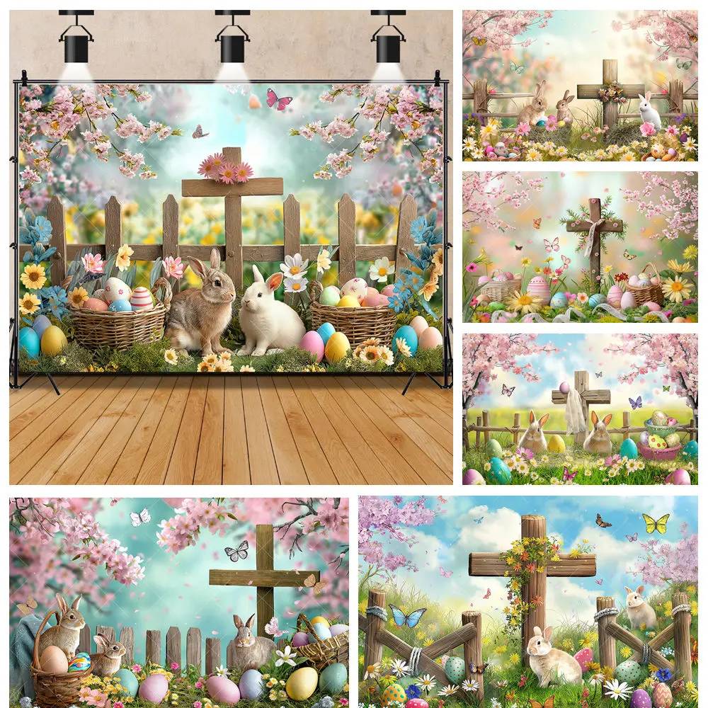 

Celebrate Jesus Easter Egg Cross Butterfly Rabbit Flower Baby Shower Birthday Backdrop Custom Photography PosterDecor Background