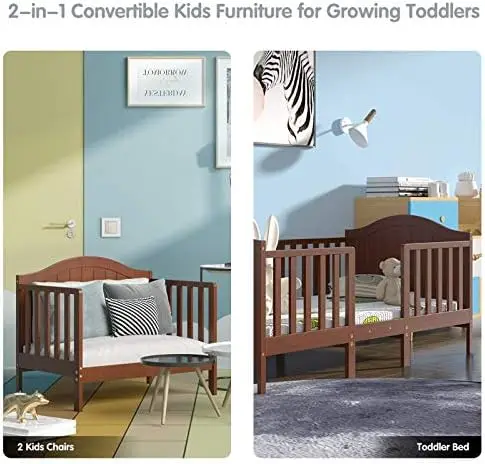 سرير أطفال صغير قابل للتحويل 2 في 1، سرير أطفال خشبي مع درابزين، لوح قدم آمن، يتحول إلى كرسي/أريكة/سرير، بني
