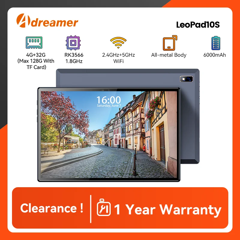 Adreamer Tablet Android11 10.1 Inch 1280x800 IPS Display RK3566 Quad Core 4GB 32GB 6000mAh Wifi Cheap Tablets PC for Kid/Student