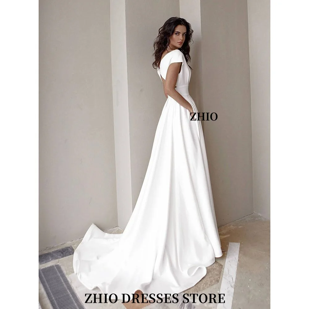 ZHIO Popolare elegante abito in tinta unita con spacco alto scollo a V senza schienale a maniche corte abito casual estivo per festa di nozze personalizzato