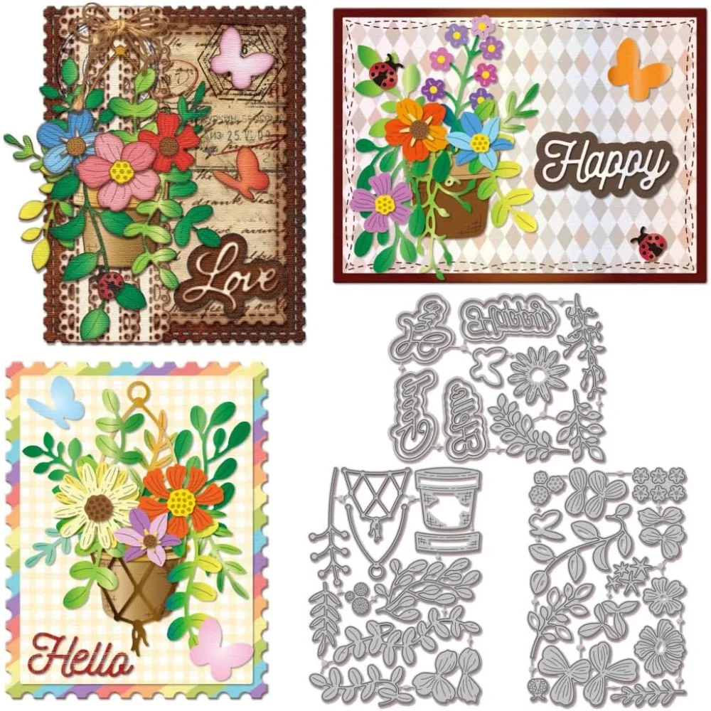 Hängender Korb, Pflanzen-Stanzformen für die Kartenherstellung, geschichtete Blumenblatt-Spleiß-Metall-Stanzschnitte, Schablonen für DIY-Prägpapier