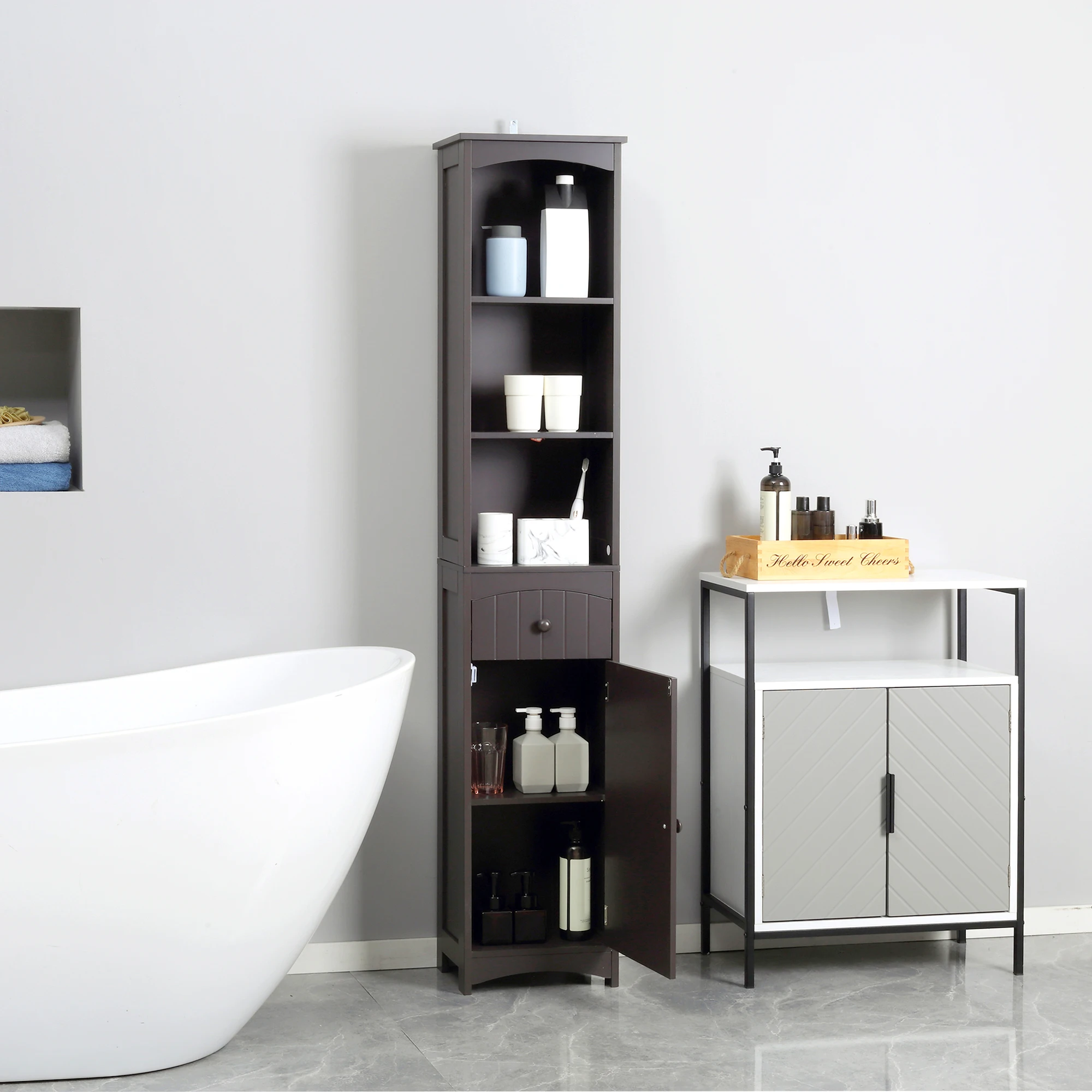 Tall Bathroom Cabinet Free Standing Bath Storage Organizer Linen Tower W/ Shelf