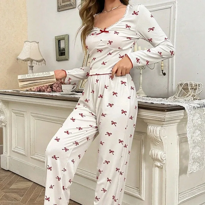 Spring Autumn Pajama Set for Women Sleepwear Lace Trim Bows Print Long Sleeve Top & Full-Length Pants Nightwear Loungewear