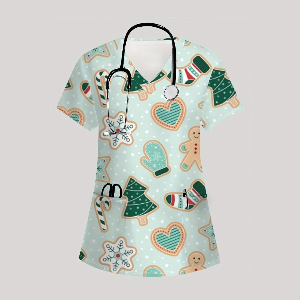 Weihnachts-Chirurgie-Uniform für Damen, T-Shirt mit V-Ausschnitt, einzigartigem Musterdruck, bequem, kurzärmelig, mit Taschen, klinische Uniformen