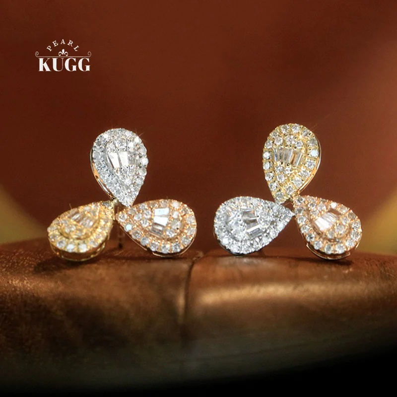 KUGG 100% 18K White&Yellow&Rose Gold Earrings Women 0.66carat Real Natural Diamond Stud Earrings Fashion Leaf High Party Jewelry