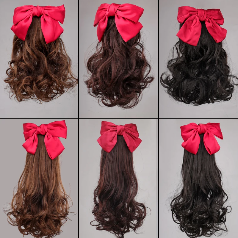 MANWEI Synthetic Ponytail With Black Red Bows Knot Hair Extensions Natural Color Brown Girls Cute Fake Ponytail For Kids Girls