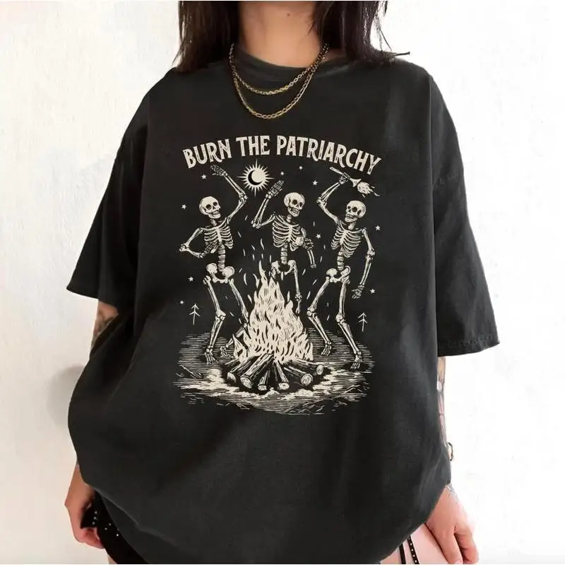 

"Burn The Patriarchy T-Shirt for Women | Feminist Graphic Tee | Dancing Skeleton Gothic Witch Gift | Feminism Empowerment Top"