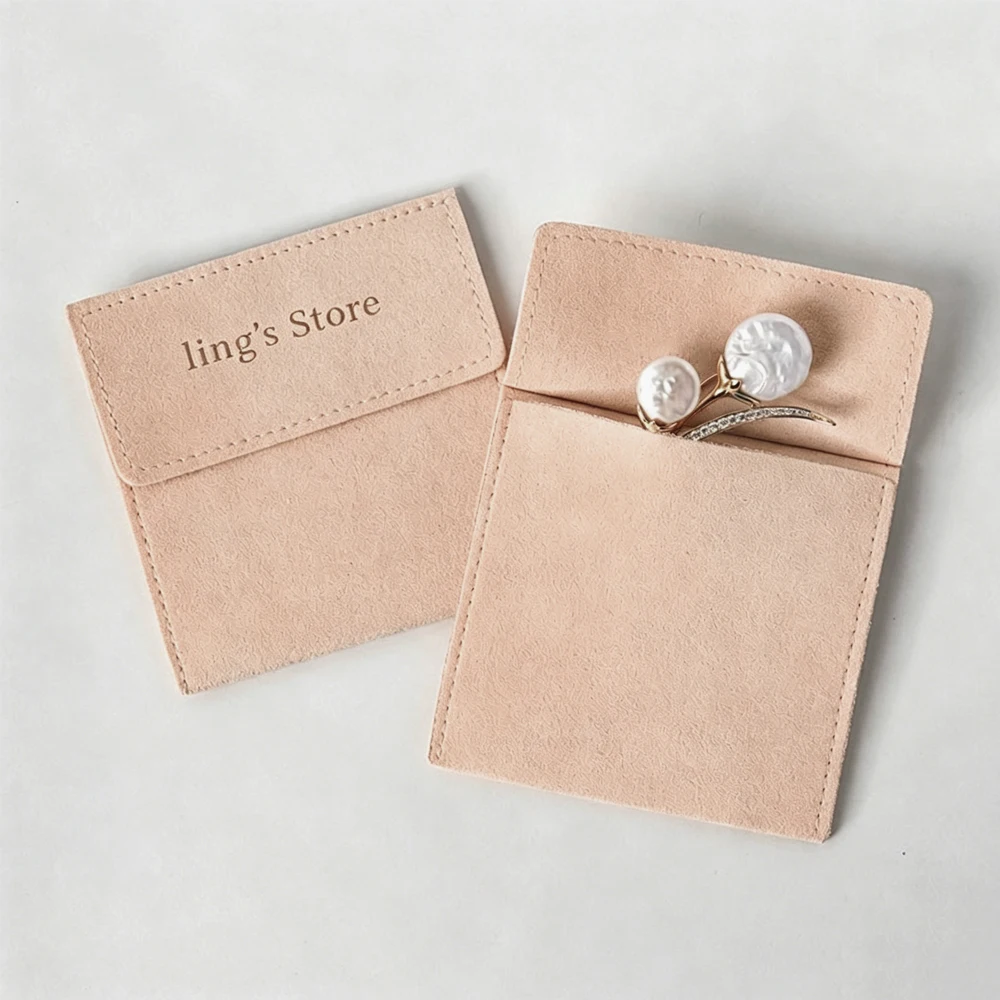 50 Stück Luxuriöse Schmuckbeutel mit Geprägtem Logo, Mikrofaser-Umschlagtasche, Wildleder-Samt-Klapptasche für Ringe, Ohrringe, Anhänger, Halsketten – Detail 4