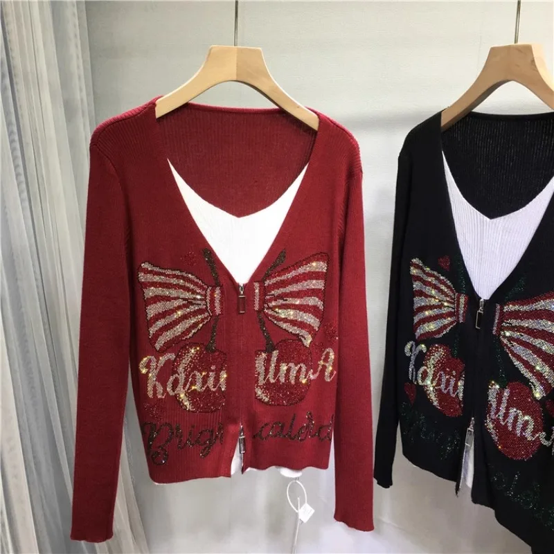 Heavy Industry Diamond Drills Knitwear Female Cute Cherry Fake Two-piece Cardigan Autumn Winter Knitted Sweater Thin V-neck Top