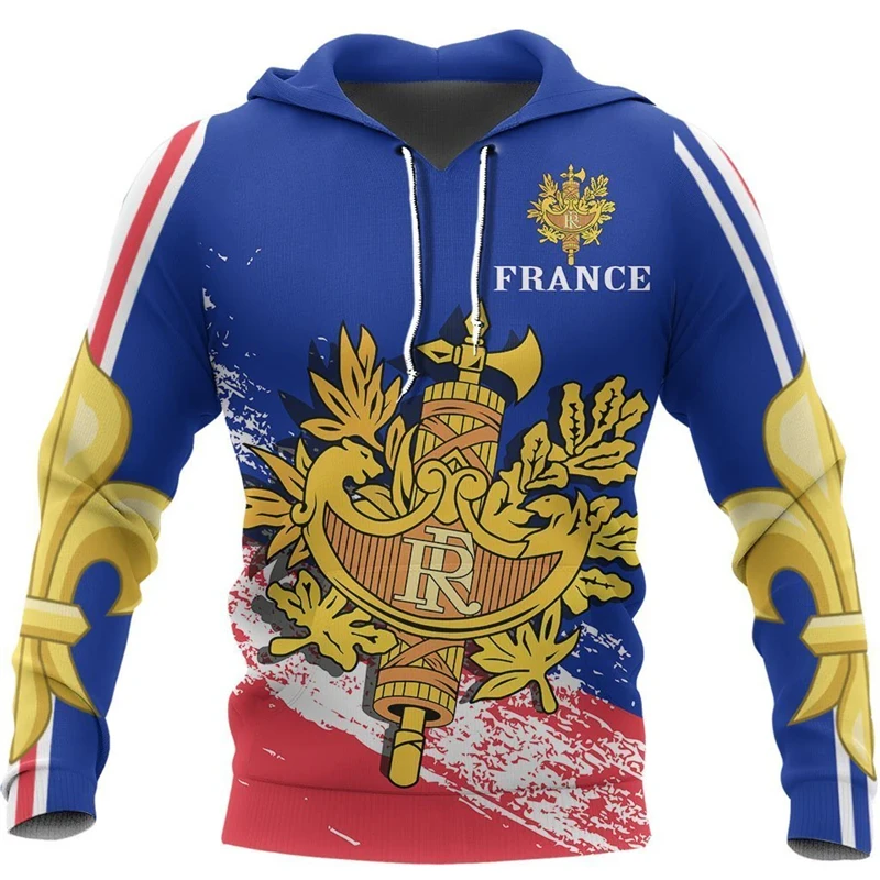 2025 Fashion France Flag Print Hoodie Street Outdoor Casual Men's Clothing Hooded Coat Print Eiffel Tower Cock Pattern Hoodies