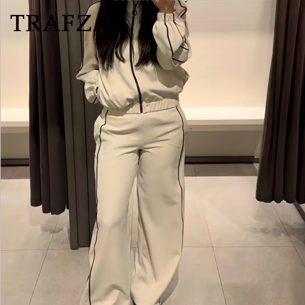 

TRAFZA Chic White Casual Black Line Woman Suits Long Sleeve Jacket+Elastic Waist Wide Leg Long Pants Fashion 2025 Sporty Suits
