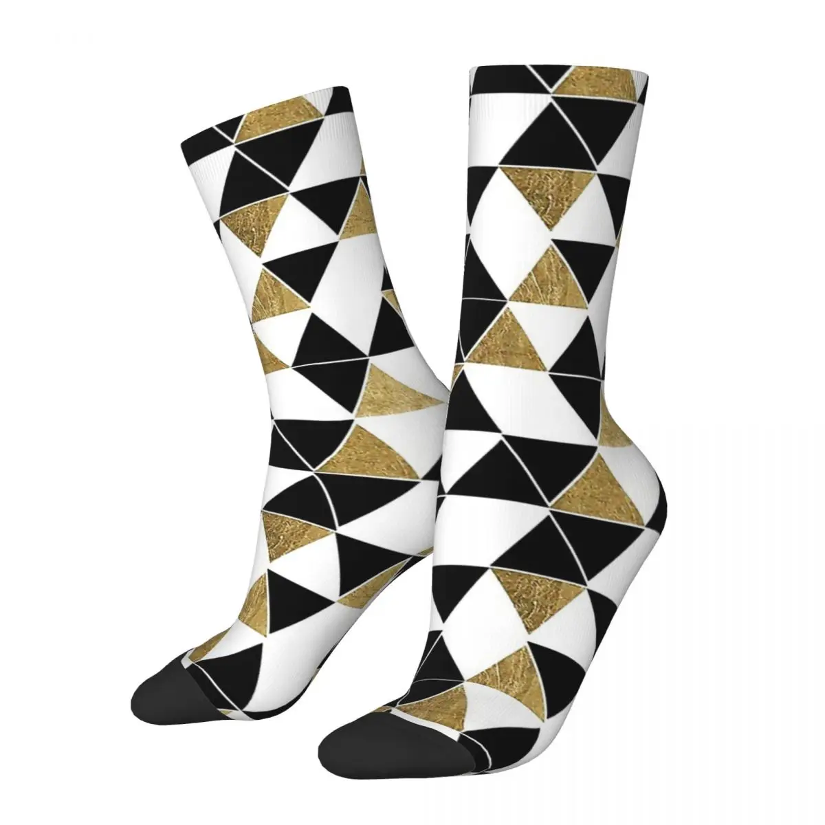 

Happy Funny Men's Socks Modern Black White And Faux Gold Triangles Vintage Harajuku Geometric Patterns Crew Sock Gift Printed