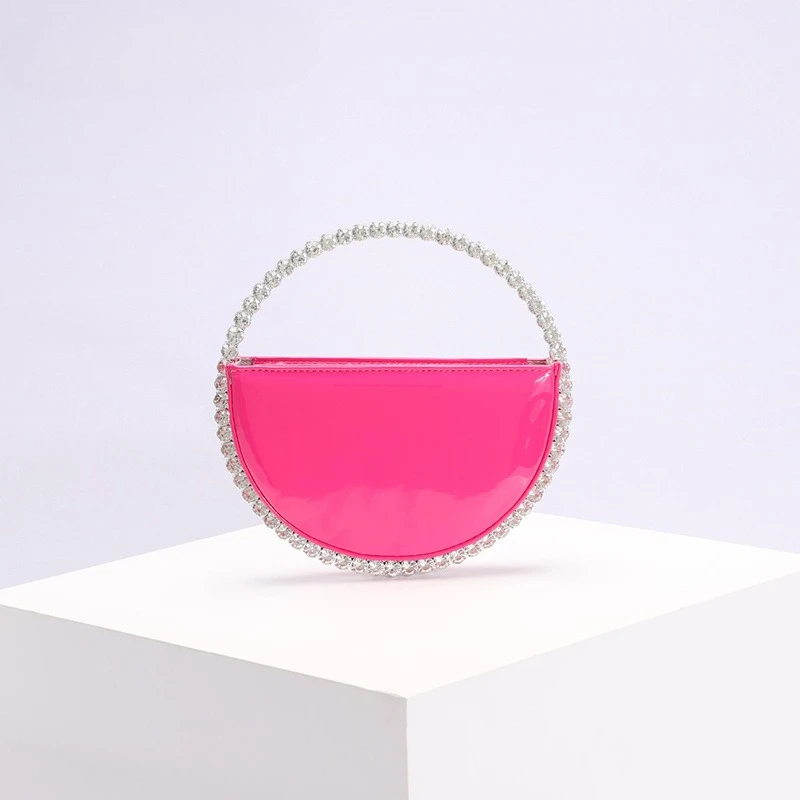 

Women Neon Pink Rhinestone Circle Top Handle Evening Bag Patent Leather Semicircle Clutch Purse for Wedding Party Cocktail Prom