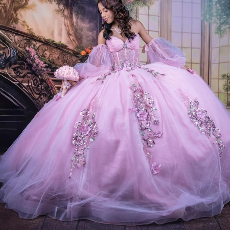 

Pink Princess Sweet 16 Dress Quinceanera Dresses Off The Shoulder Applique Flower Beading Crystal Bow Tull Party Birthday Vestid