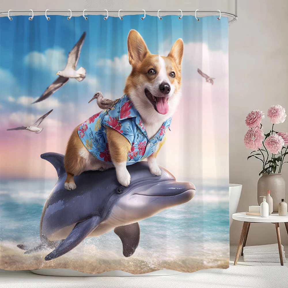 1pc Interesting Dog Riding a Dolphin Shower Curtain, Bathroom Decorative Shower Curtain, Printed Fabric Home Curtain with Hooks