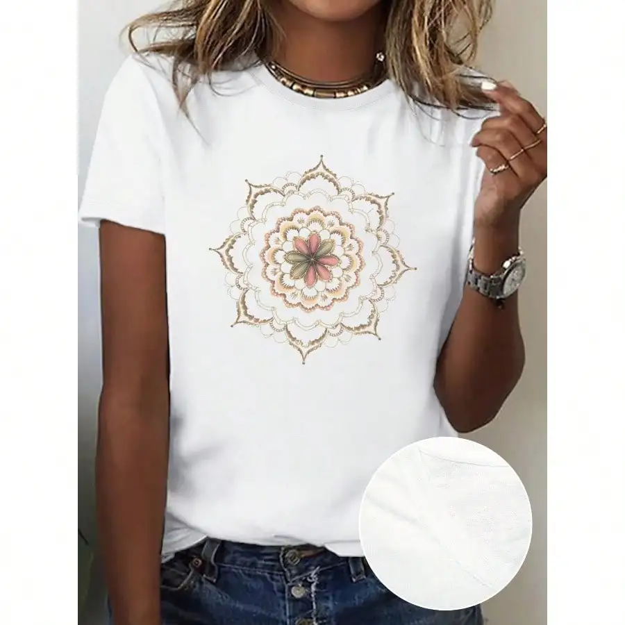 

Floral Hand Drawn Mandala Inspired Design Pure Cotton Women's Tshirt Comfort Fit
