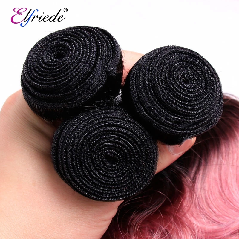 Elfriede #T1B/Rose Pink Natural Wave Ombre Colored Hair Bundles with Closure Human Hair Weaves 3 Bundles with Lace Closure 4x4