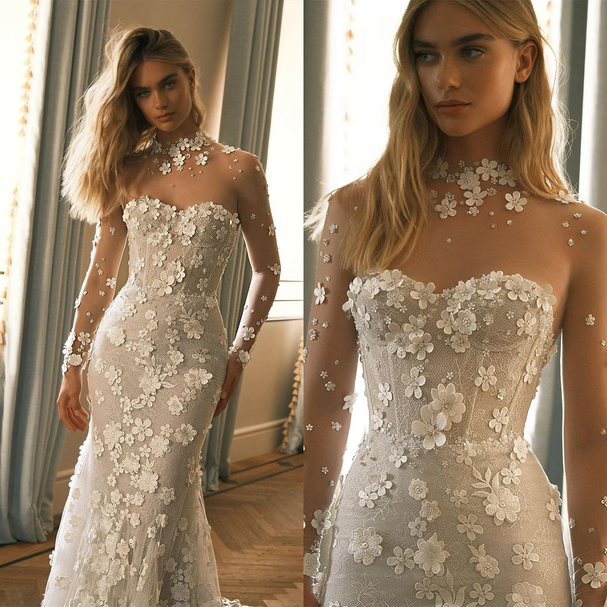 

Princess Mermaid Wedding Dresses Sweetheart Long Sleeves Bridal Gowns Custom Made Appliqued Lace Sweep Train Robe De Mariee