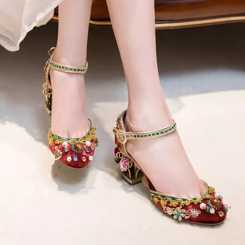 Bird Cage Shaped Rose Heel Sandals Women\'s Luxury Wedding Shoes Eastern Chinese Style Middle High Thick Heels Shoes Red Color