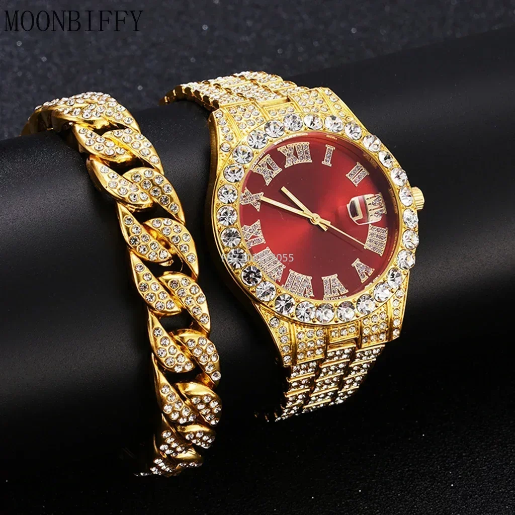 Watch Bracelet Set Hip Hop Stainless Steel Gold Color Calendar Watch for Men Iced Out Paved Rhinestones Men Watch Reloj Hombre