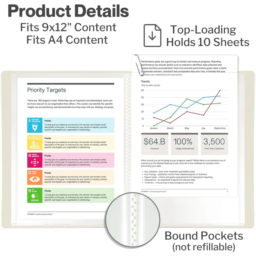 كتاب عرض 9 × 12 باللون الأسود مع مجلد 24 جيب وأكمام بلاستيكية شفافة لعرض 48 صفحة من 9 × 12 أو مستندات A4
