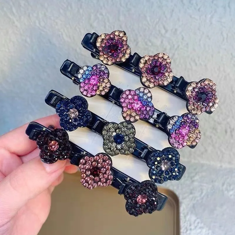 1-4PCS Sparkling Crystal Stone Hair Clips 3 Flower Diamonds Barrettes For Women Girls Sweet Rhinestones Braided Duckbill Hairpin