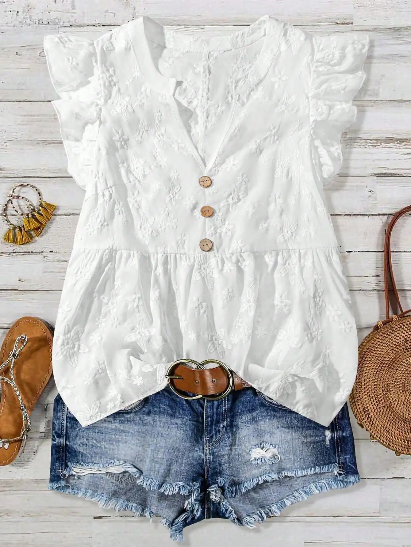 

White Floral Embroidered Ruffled Sleeve Blouse With Buttons