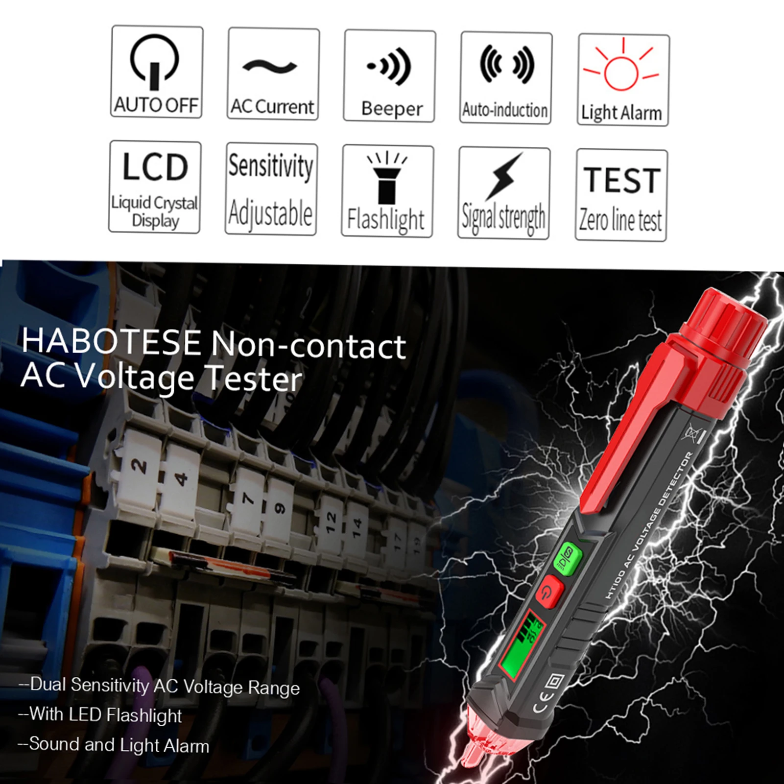 HABOTEST Portable Non-contact AC Voltage Tester Pen Shaped V～Alert Detector with Sound and Light Alarm