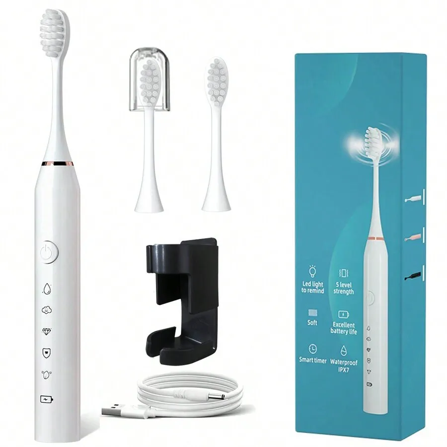 

1pc Electric Toothbrush With 3 Replacement Brush Heads, USB Rechargeable, 5 Cleaning Modes, 1 Set Includes Bathroom Wall Mount