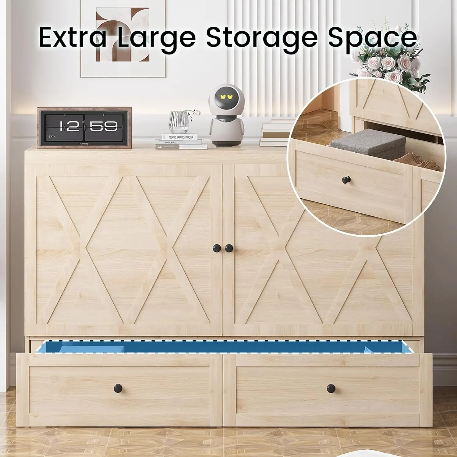 Murphy Bed Cabinet with Storage Drawers & USB Charging Station, Space-Saving Guest Room Queen Size, Customized