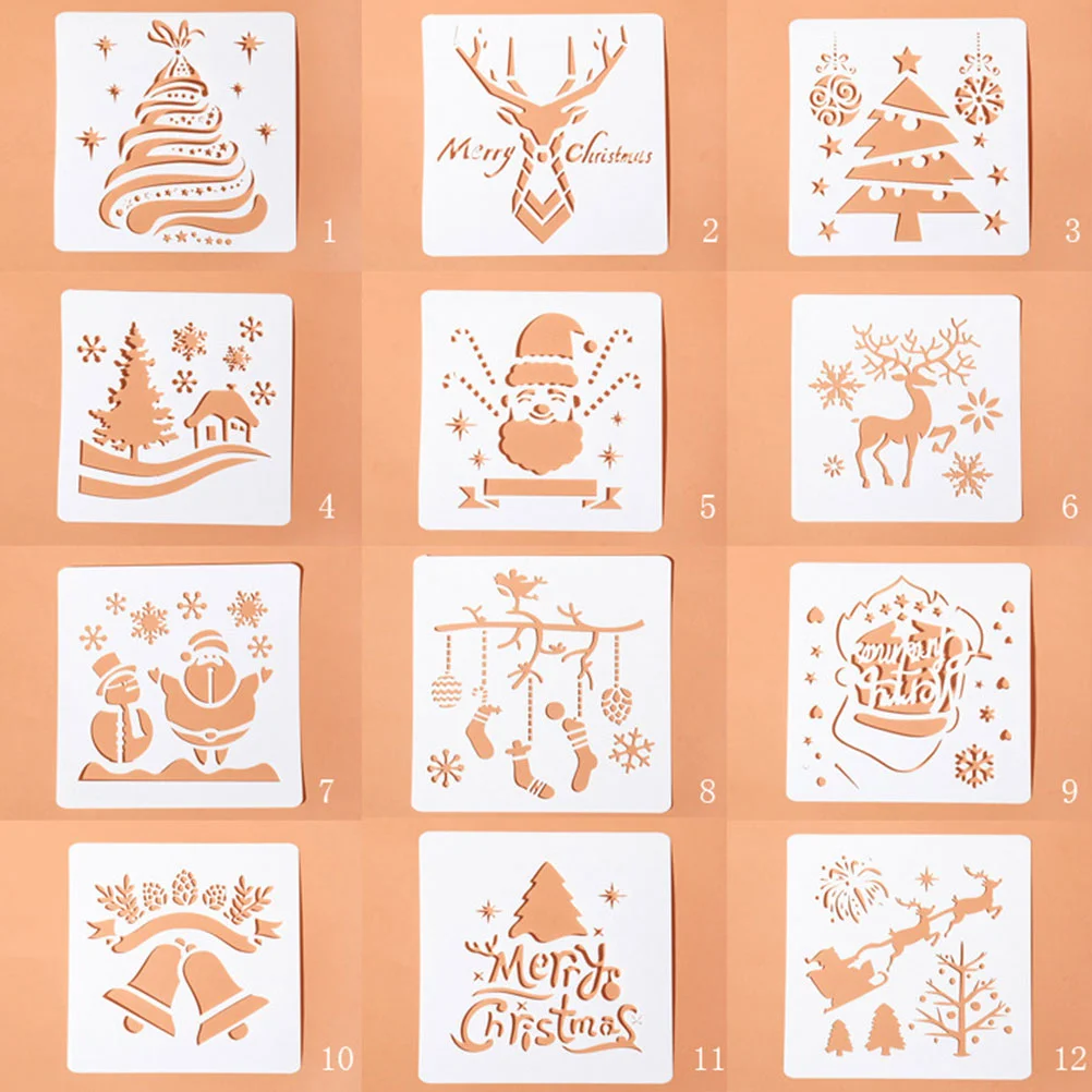 Elementos de Natal pintura modelo, Ferramenta de desenho, Cartoon Hollow Painting Stencils, Educação Aprendizagem Brinquedos, Branco, 12pcs