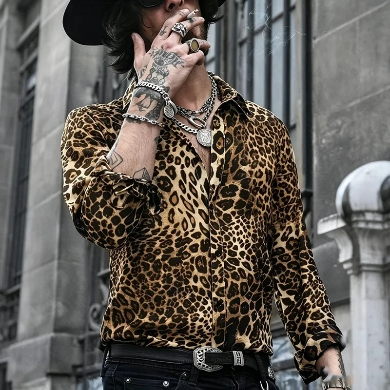 Men's Leopard Print Collared Long-Sleeved Shirt, Animal Print Draped Shirt, Street Rock Biker Trendy Cardigan Top