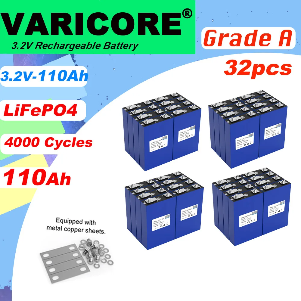 

32x Grade A 3.2V 110Ah LiFePO4 Lithium iron phosphate Battery for 12V 24v RV Golf Cart Solar Electric energy Storage duty-free