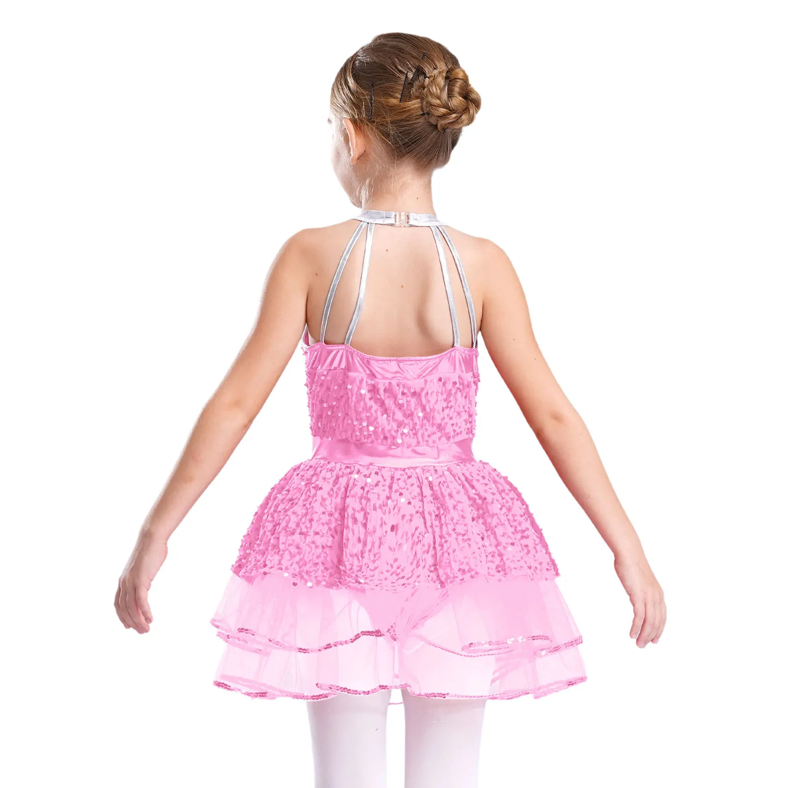 Kids Girls Glittery Sequins Christmas Ballerina Tutu Skirt Ballet Lyrical Dance Performance Costume Halter Backless Velvet Dress