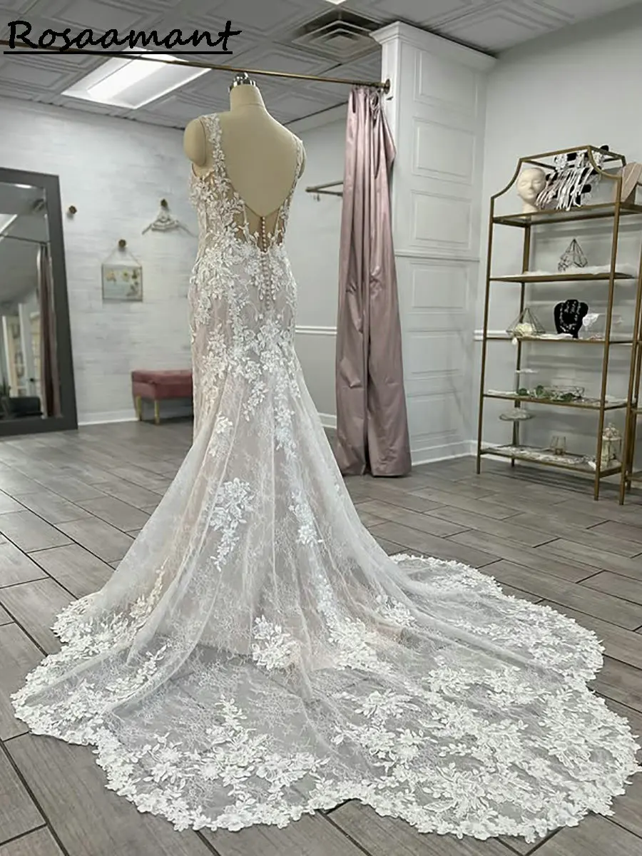 Очаровательные бретельки с разрезом по бокам, свадебные платья русалки, иллюзия, аппликации, кружевные деревенские свадебные платья